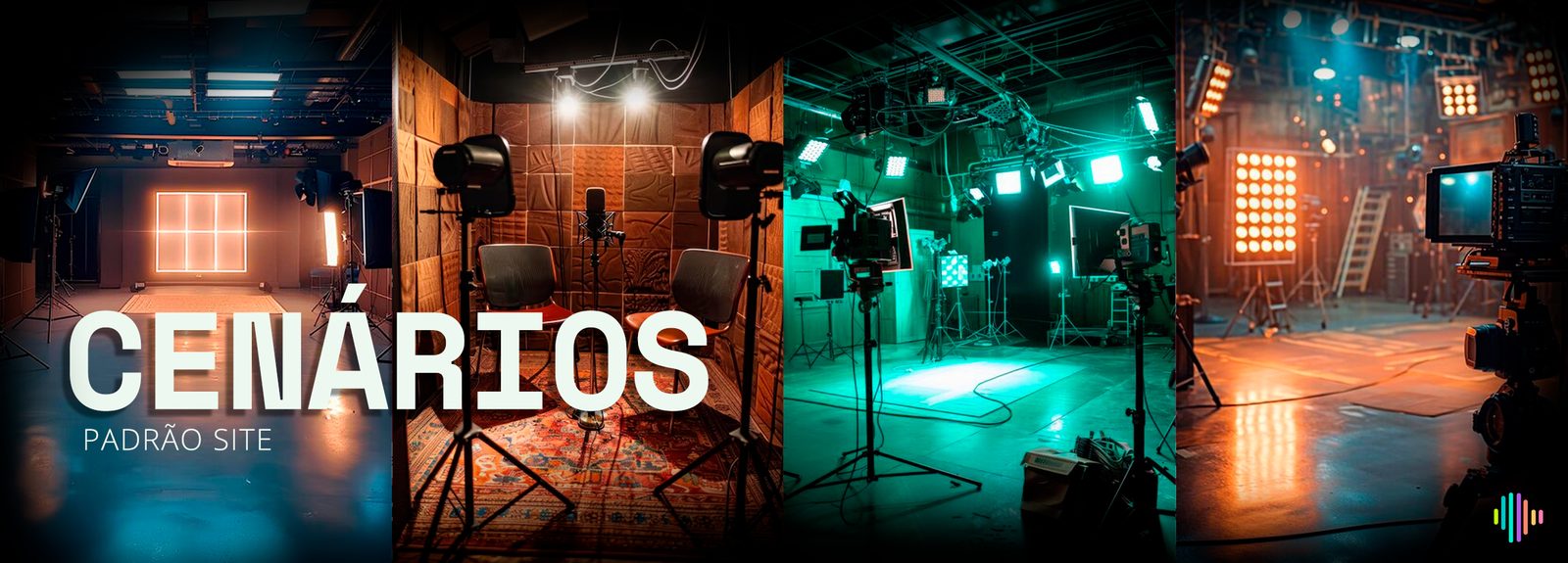 Cenários — padrão site: quatro fotos de studio montado, só o cenário, sem nenhuma pessoa